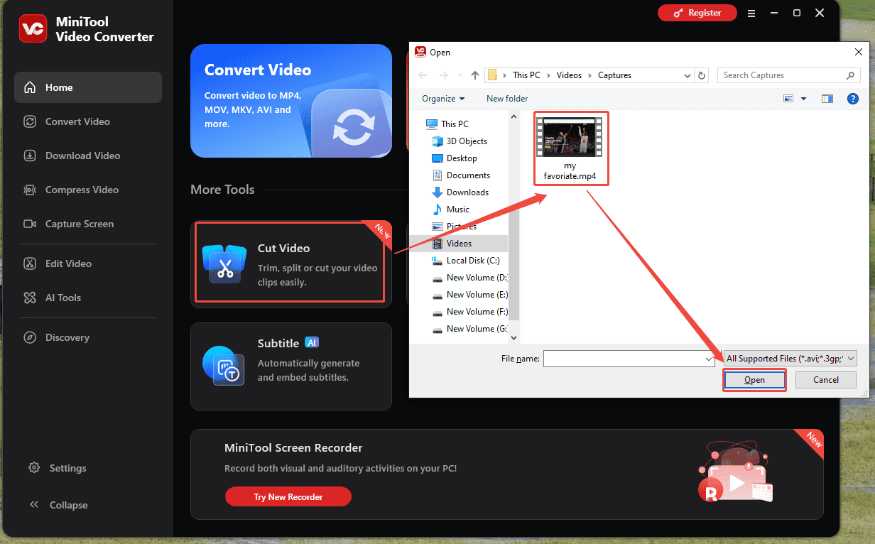 MiniTool Video Converter Home interface showing how to import a video for cutting.