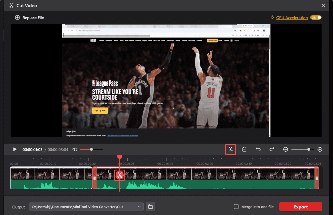 MiniTool Video Converter Cut Video interface with the Cut icon selected.