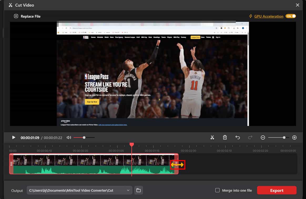 MiniTool Video Converter Cut Video interface showing how to trim the end part of a video.