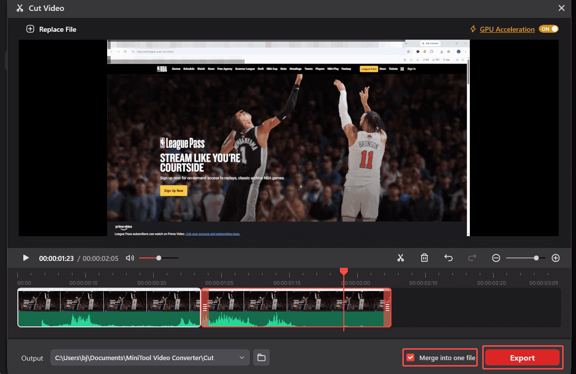 MiniTool Video Converter Cut Video interface with the Merge into one file checked and the Export option selected.