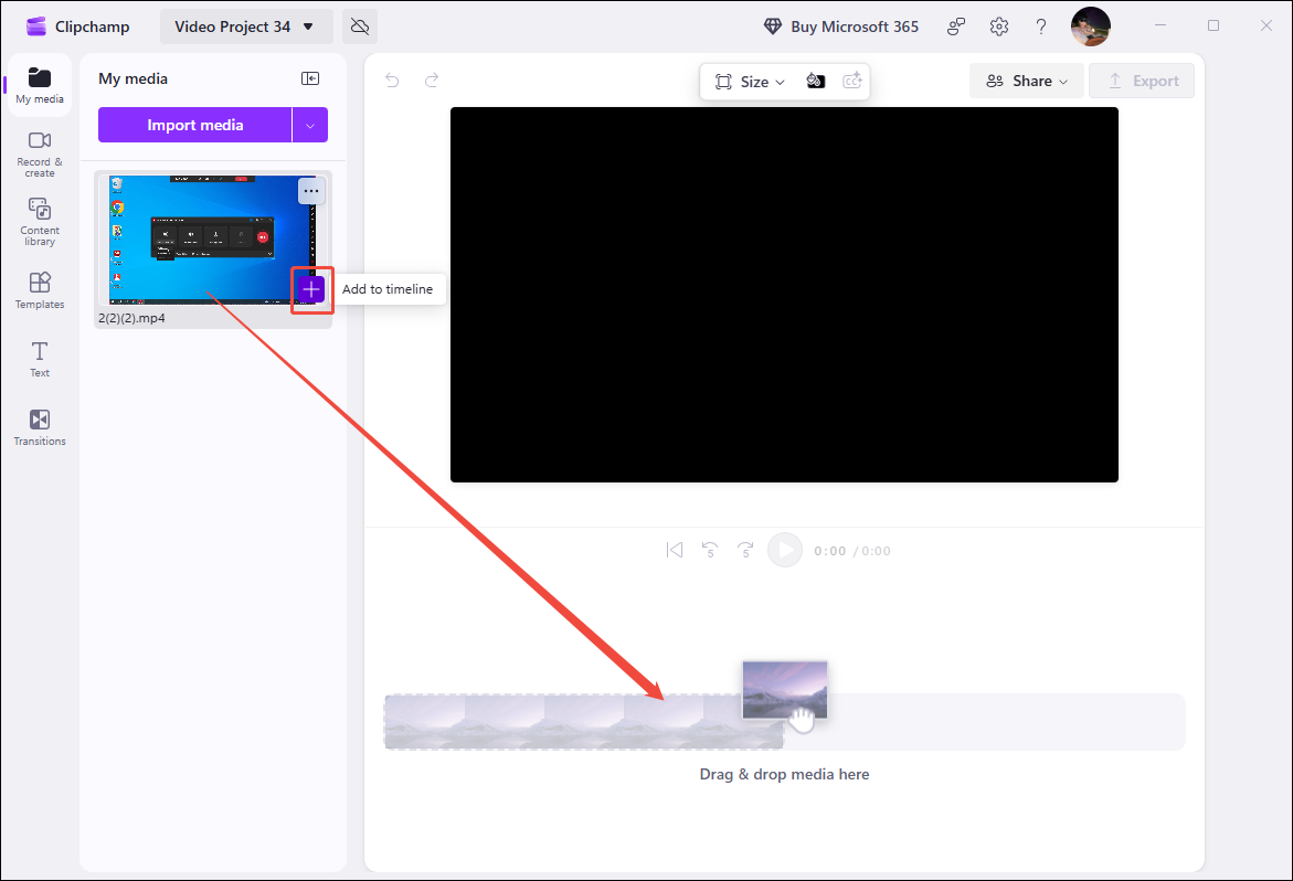 Clipchamp video editing interface showing how to add the video into the timeline.