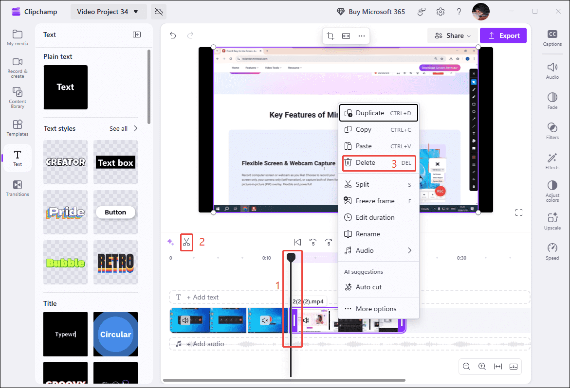 Clipchamp video editing interface showing how to trim a video.