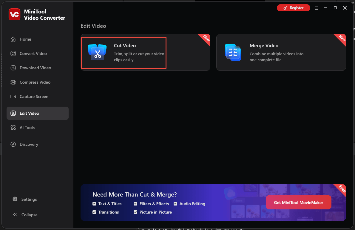 The selected Cut Video option from the Edit Video submenu on the main interface of MiniTool Video Converter.