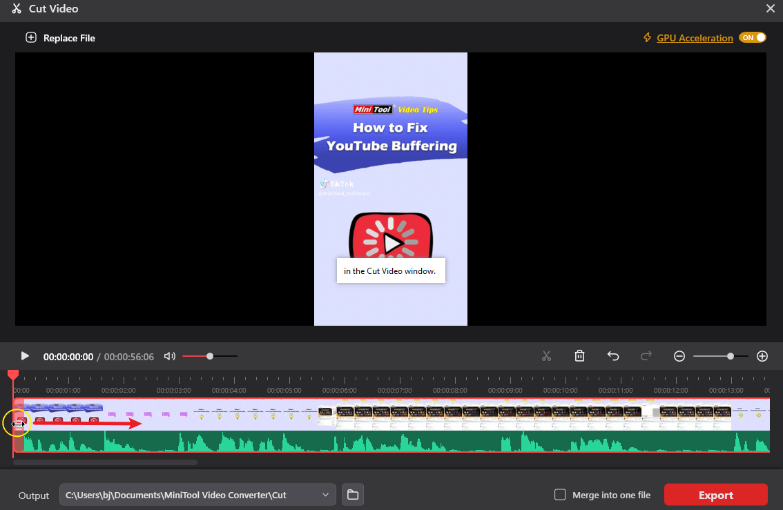 The highlighted trim handle at the start of the video on the timeline in the Cut Video window.