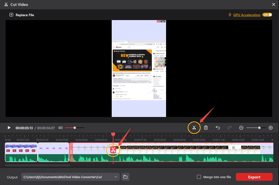 The selected Cut icon on the playhead or on the timeline toolbar in the Cut Video window.