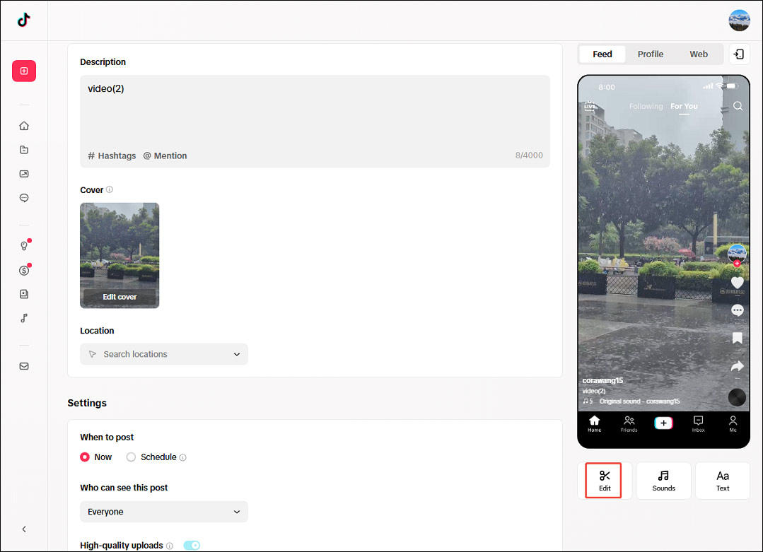 The selected Edit option below the preview on the TikTok Studio Upload page.