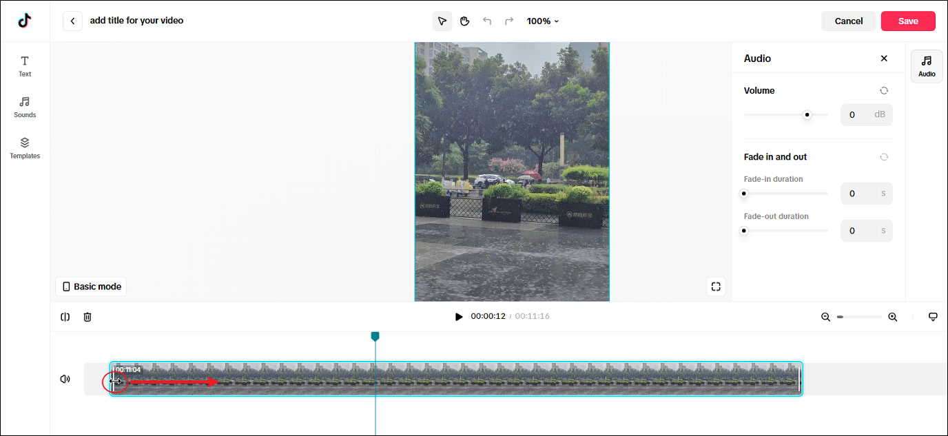The trim handle being dragged to the right on the timeline of the TikTok Studio editing page.