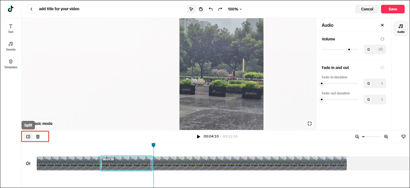 The selected Split and Delete icons on the left side of the TikTok Studio editing page.