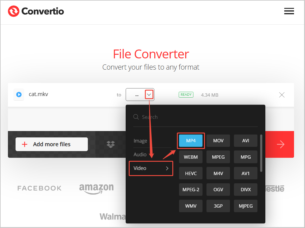 Conversion interface showing how to choose MP4 as the output file format.