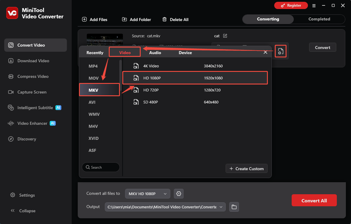 MiniTool Video Converter interface showing how to choose MKV as the output format.