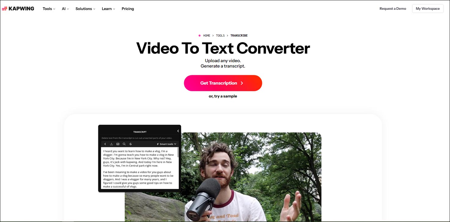 The home page of Kapwing's video to text converter.