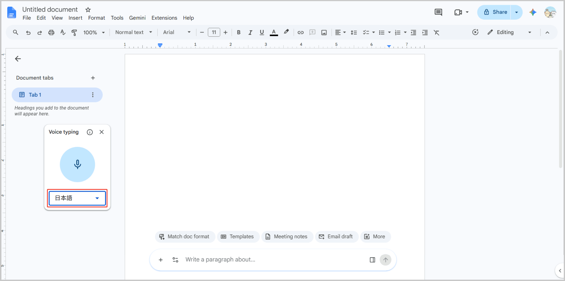 Google Docs interface with a floating transcribing window.