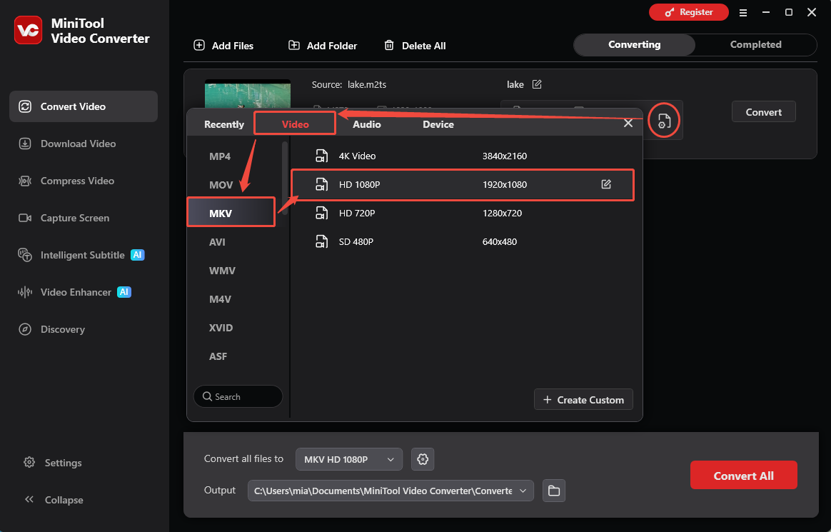 MiniTool Video Converter interface showing how to choose MKV as the output format.
