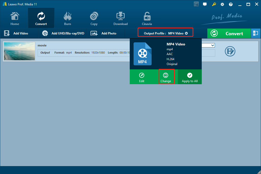 Leawo Video Converter interface with the Output Profile option selected.