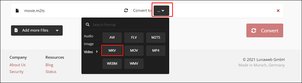 CloudConvert conversion page with the MKV option selected in the output format menu.