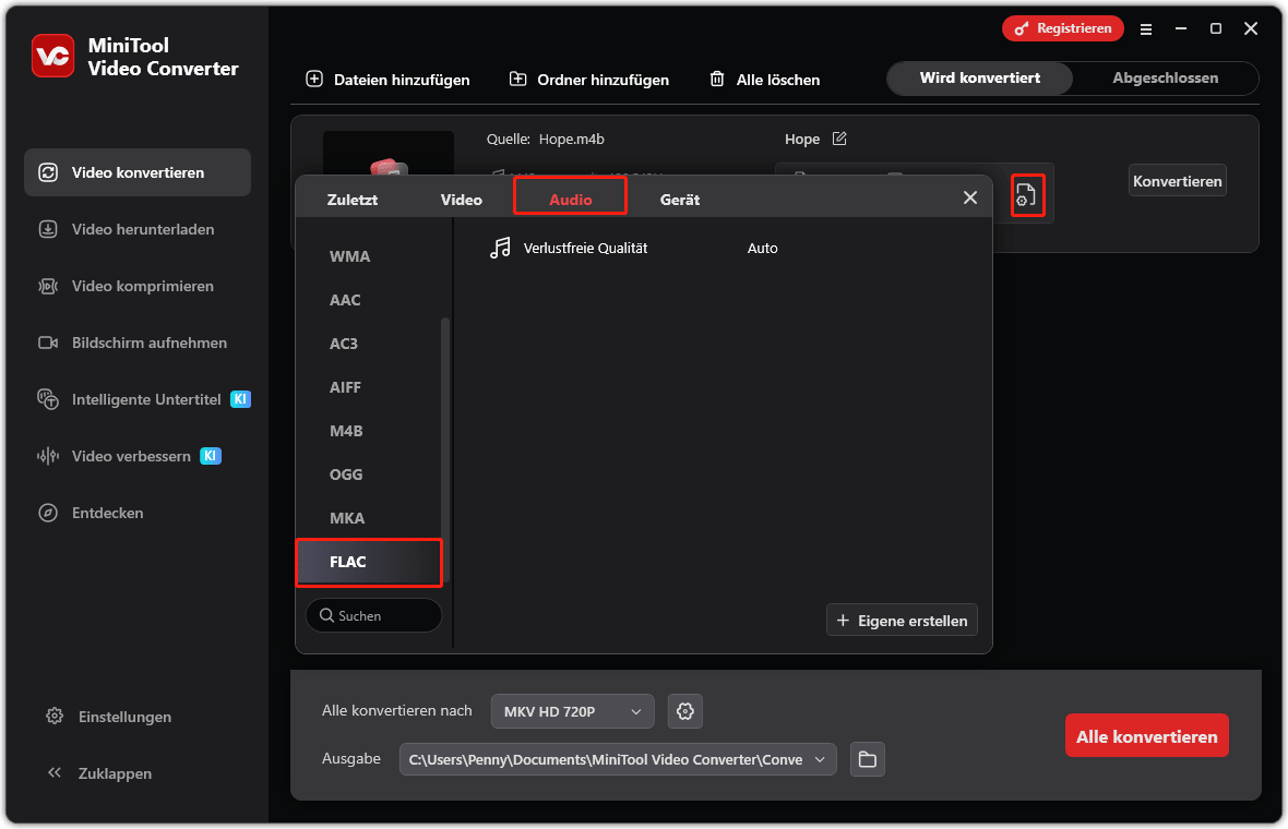 Benutzeroberfläche von MiniTool Video Converter, die zeigt, wie man „FLAC Verlustfreie Qualität“ als Ausgabeprofil auswählt.
