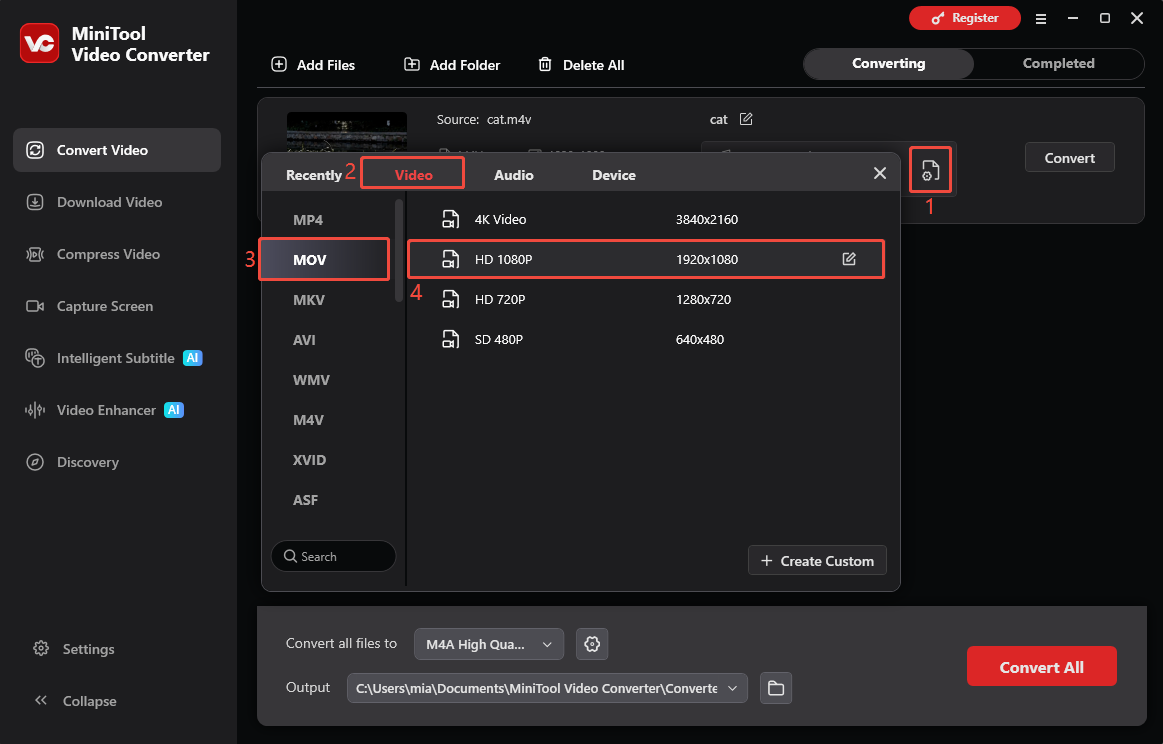 MiniTool Video Converter interface showing how to choose MOV as the export format.