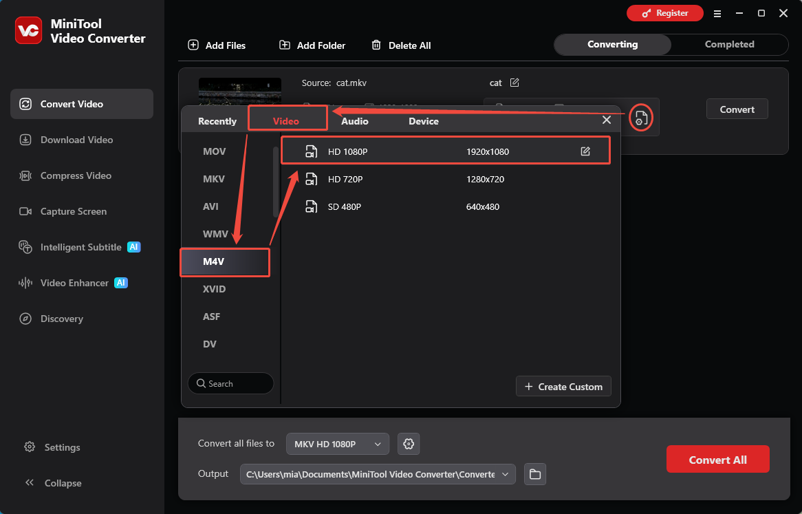 MiniTool Video Converter interface showing how to choose M4V as the output format.