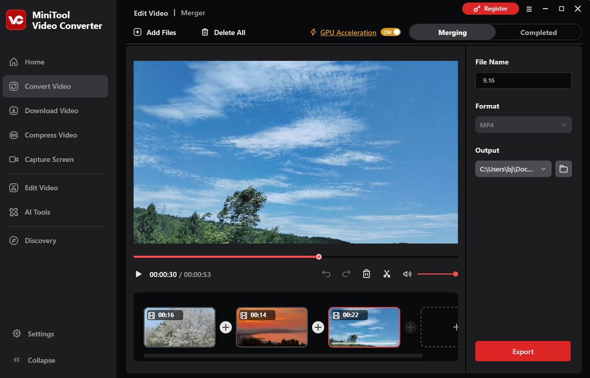 Three videos added to the main interface of MiniTool Video Converter merger tool.