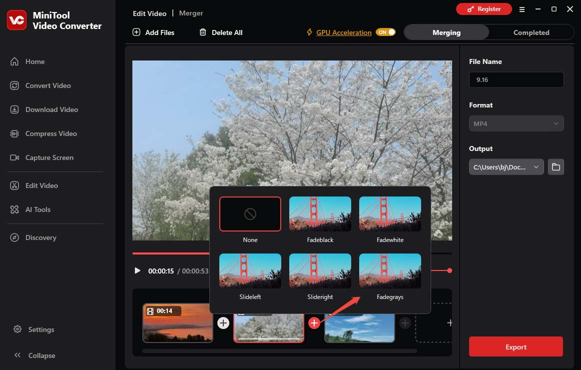 MiniTool Video Converter interface showing how to apply a video transition.