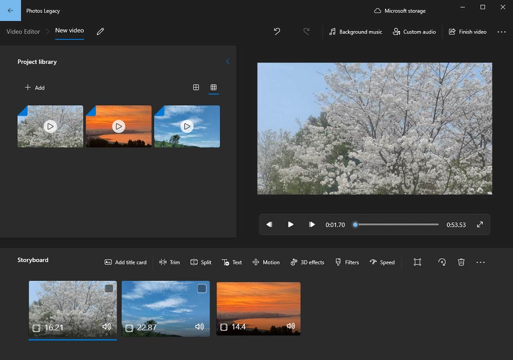 Three videos on the storyboard of the Video Editor in Photos Legacy.