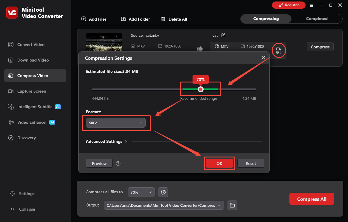 MiniTool Video Converter interface showing how to set the compression level and output format.