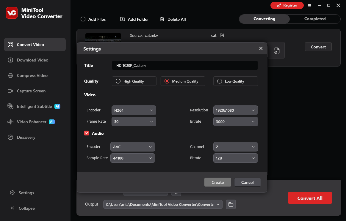 MiniTool Video Converter interface showing how to set the compression level and output format.