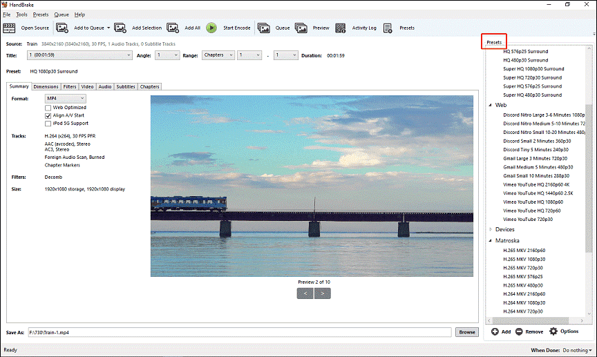 HandBrake interface with the Presets panel expanded.