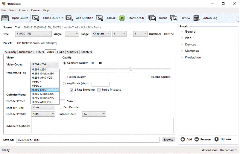 HandBrake interface with the Video Codec menu opened and the H265 option selected.