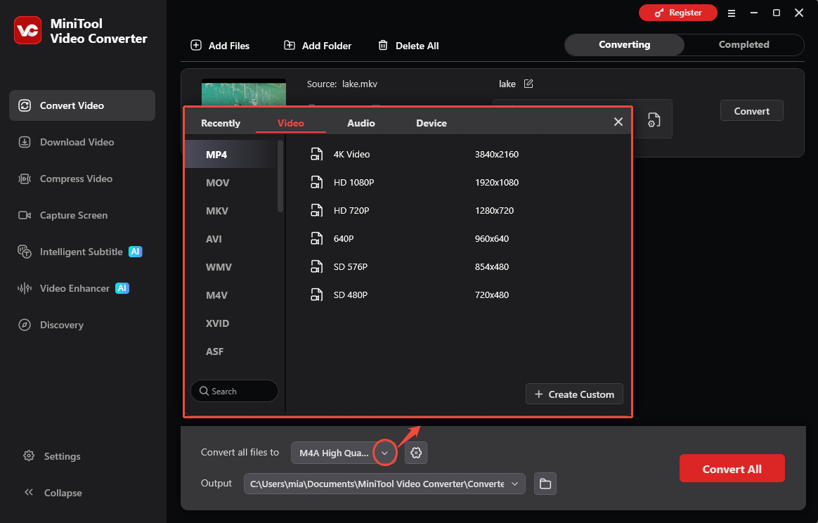 MiniTool Video Converter interface showing how to open the output format window.