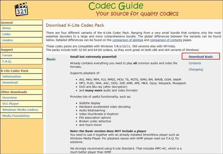 K Lite Codec Pack downloading page with the Download Basic option selected.