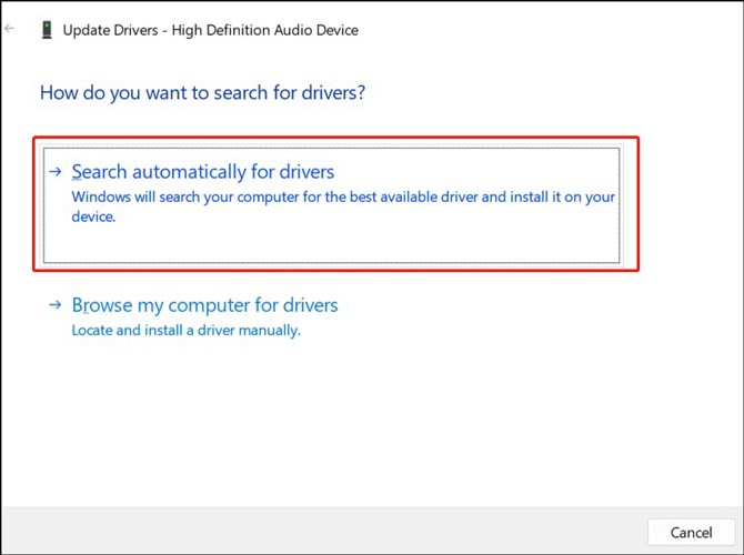 Windows Update Drivers window with the Search automatically for drivers option selected.