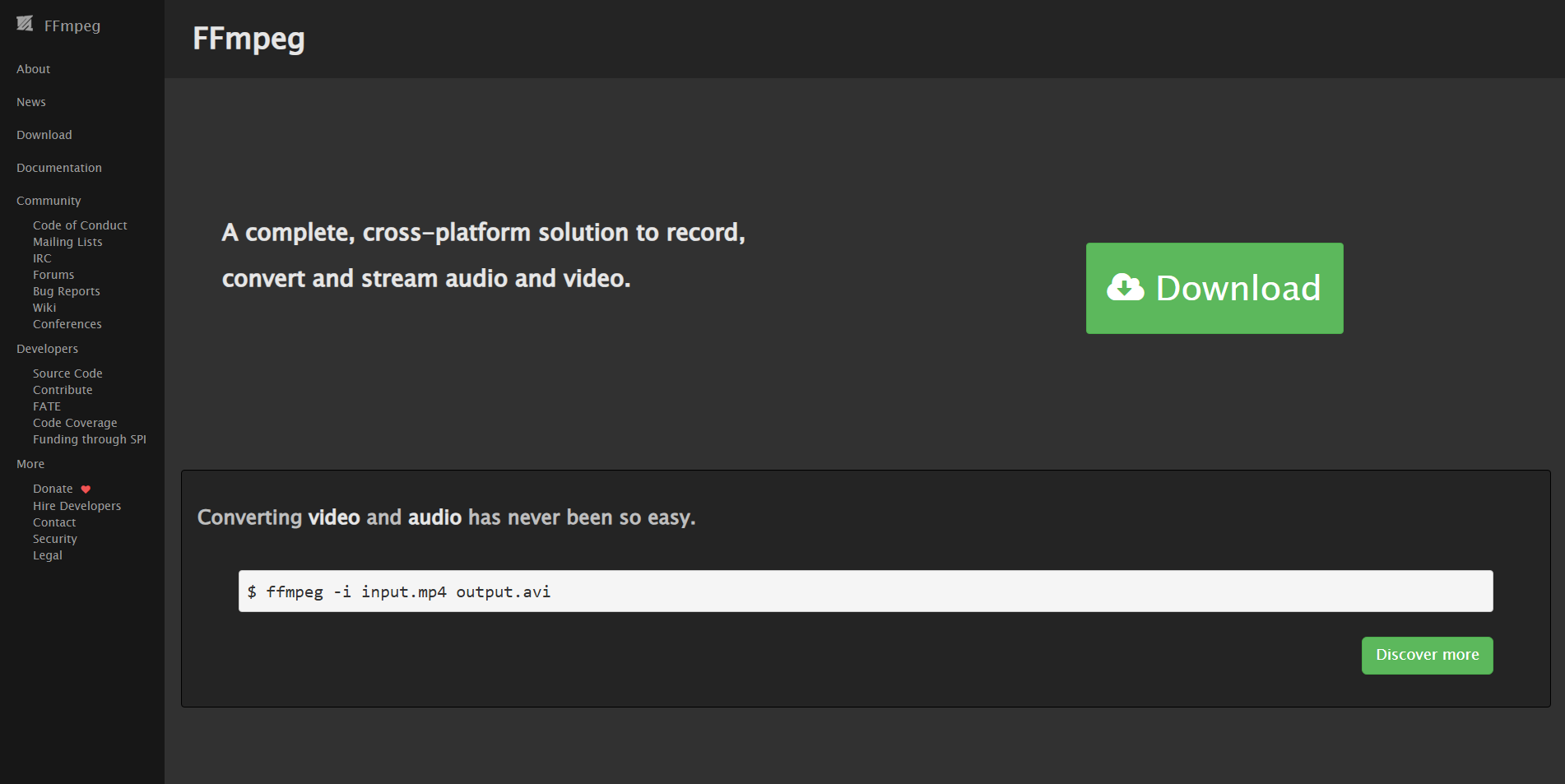 FFmpeg website homepage.