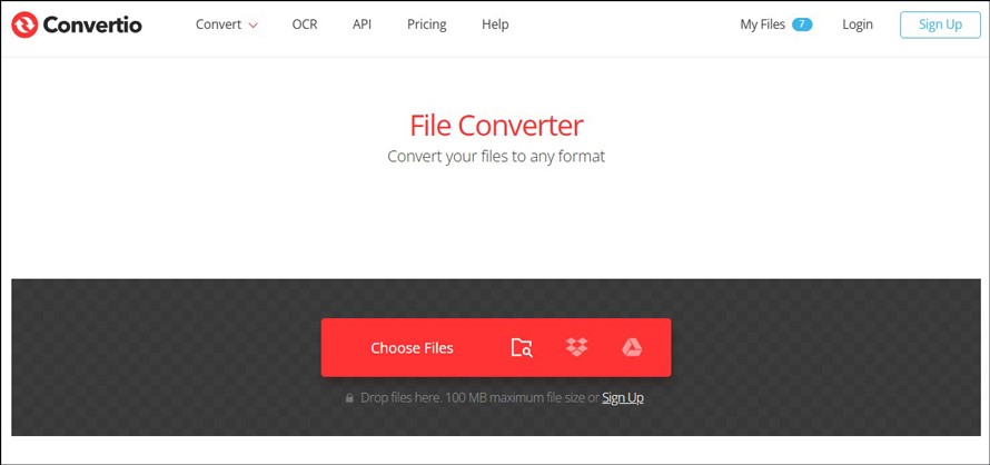 Convertio file uploading page.