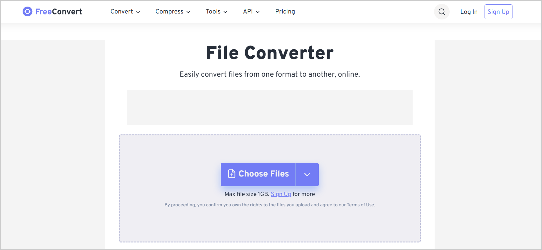 FreeConvert file upload page.