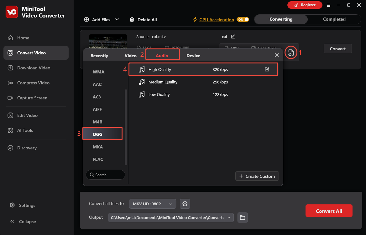 MiniTool Video Converter interface showing how to choose OGG as the output format.