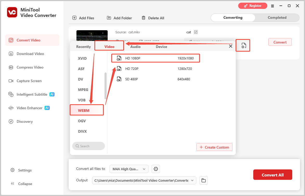 MiniTool Video Converter interface showing how to select WebM as the output format.