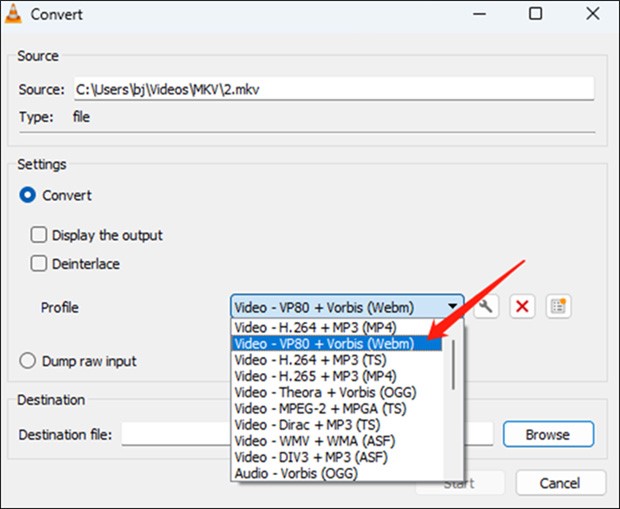 VLC Convert window with the WebM option selected.