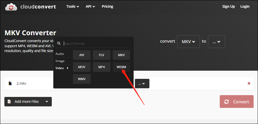 CloudConvert conversion page with the WEBM option selected.