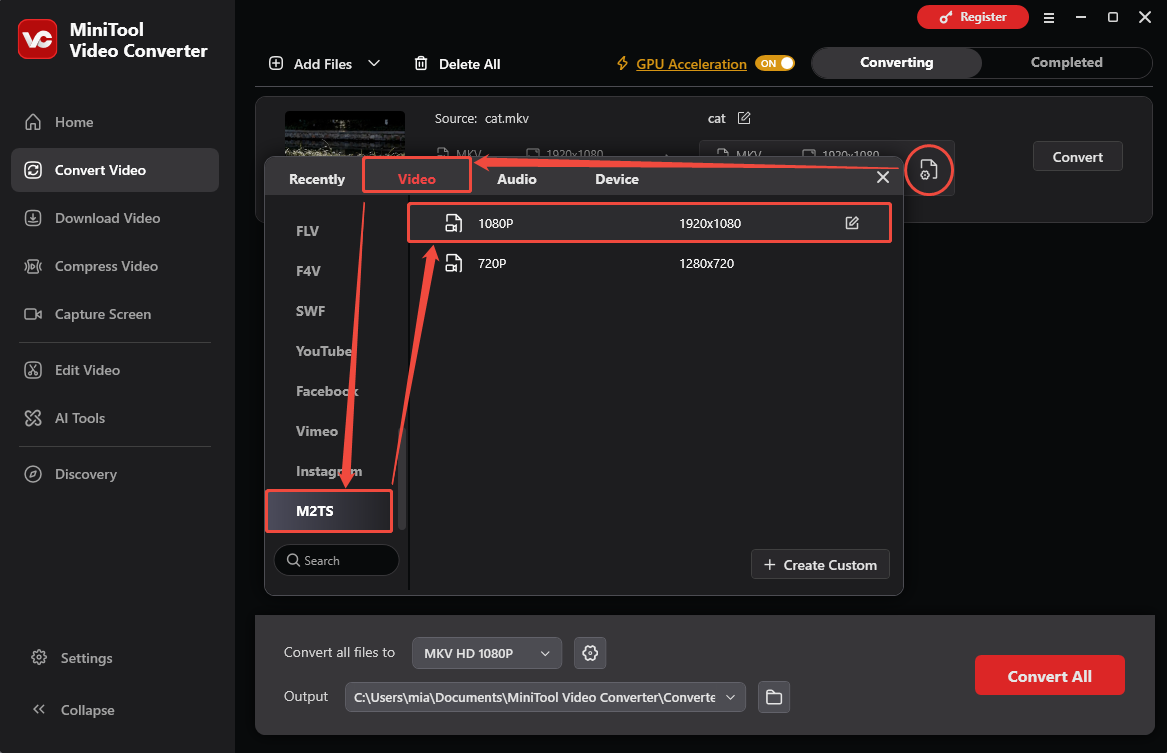 MiniTool Video Converter interface showing how to select M2TS 1080P as the output profile.