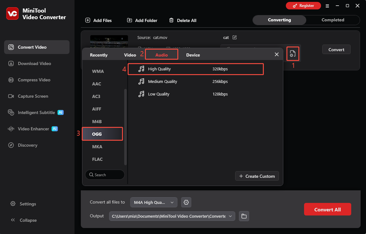 MiniTool Video Converter interface showing how to choose the OGG format as the output format.
