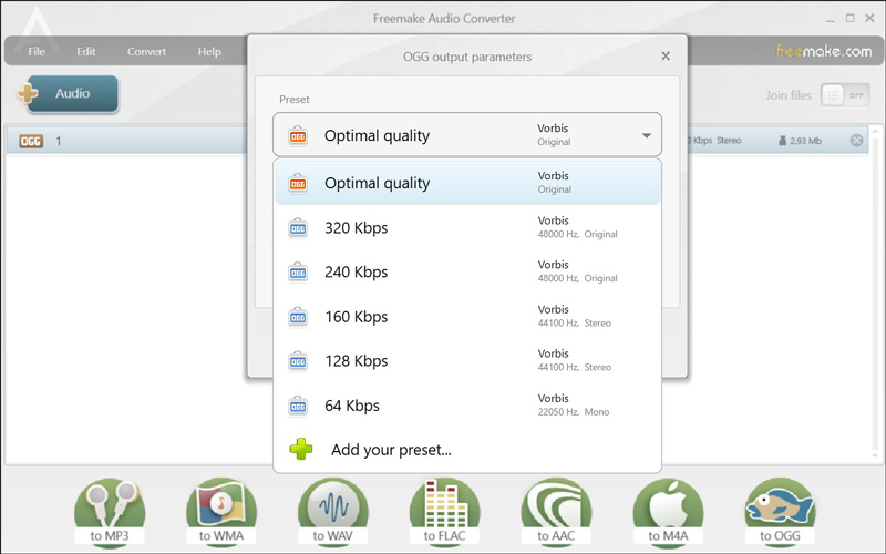 Freemake Audio Converter interface with various output formats displayed.