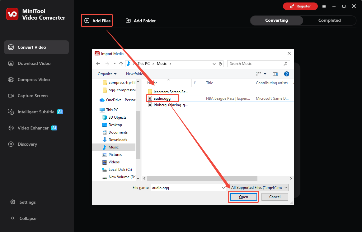 MiniTool Video Converter Convert Video interface showing how to import a audio file.