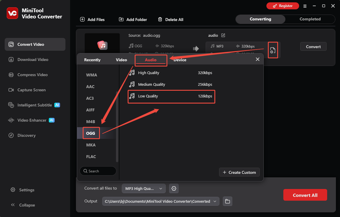 MiniTool Video Converter Convert Video interface showing how to set the audio file parameters.