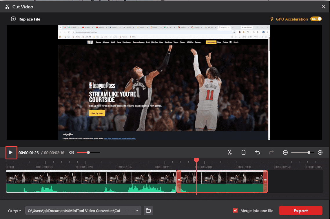 MiniTool Video Converter Cut Video interface with the Play icon selected.