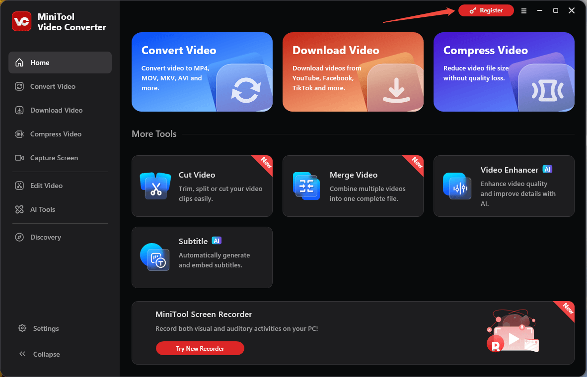 MiniTool Video Converter main interface with an arrow pointing to the Register option