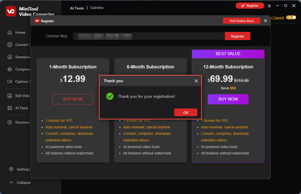 MiniTool Video Converter Register window with an popup showing registration success