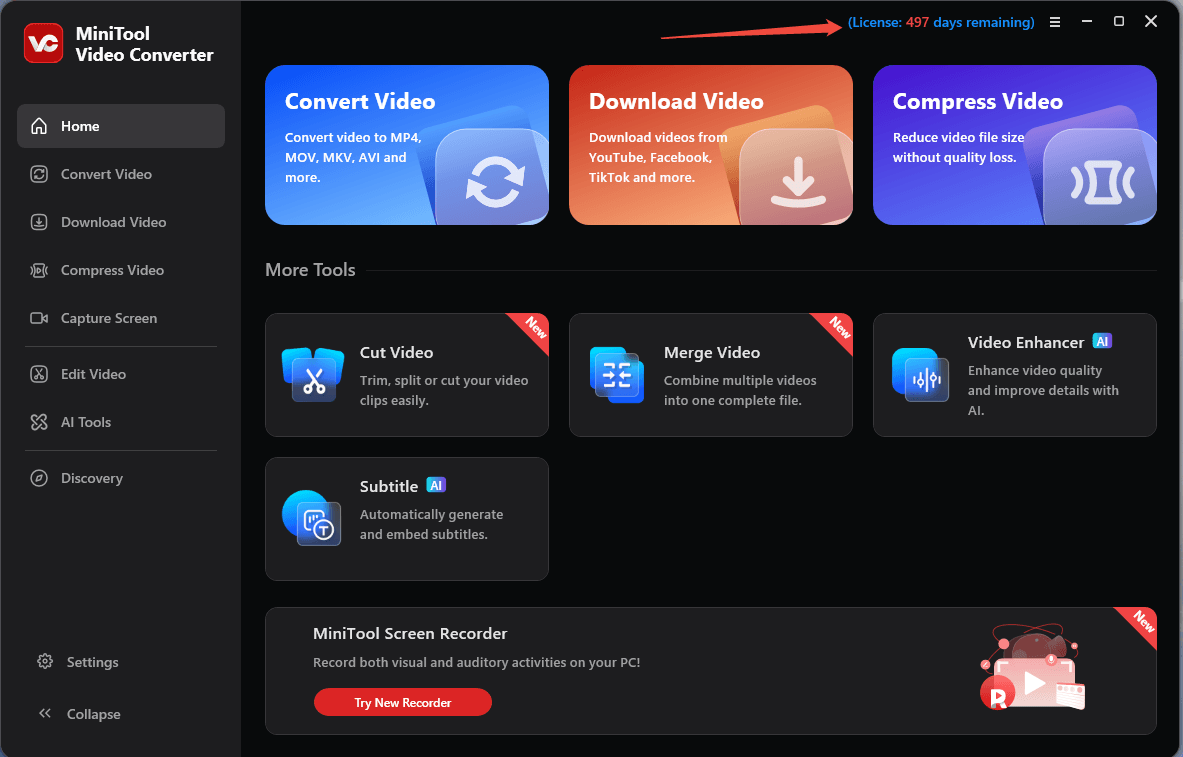 MiniTool Video Converter main UI with an arrow pointinig to the License remaining days