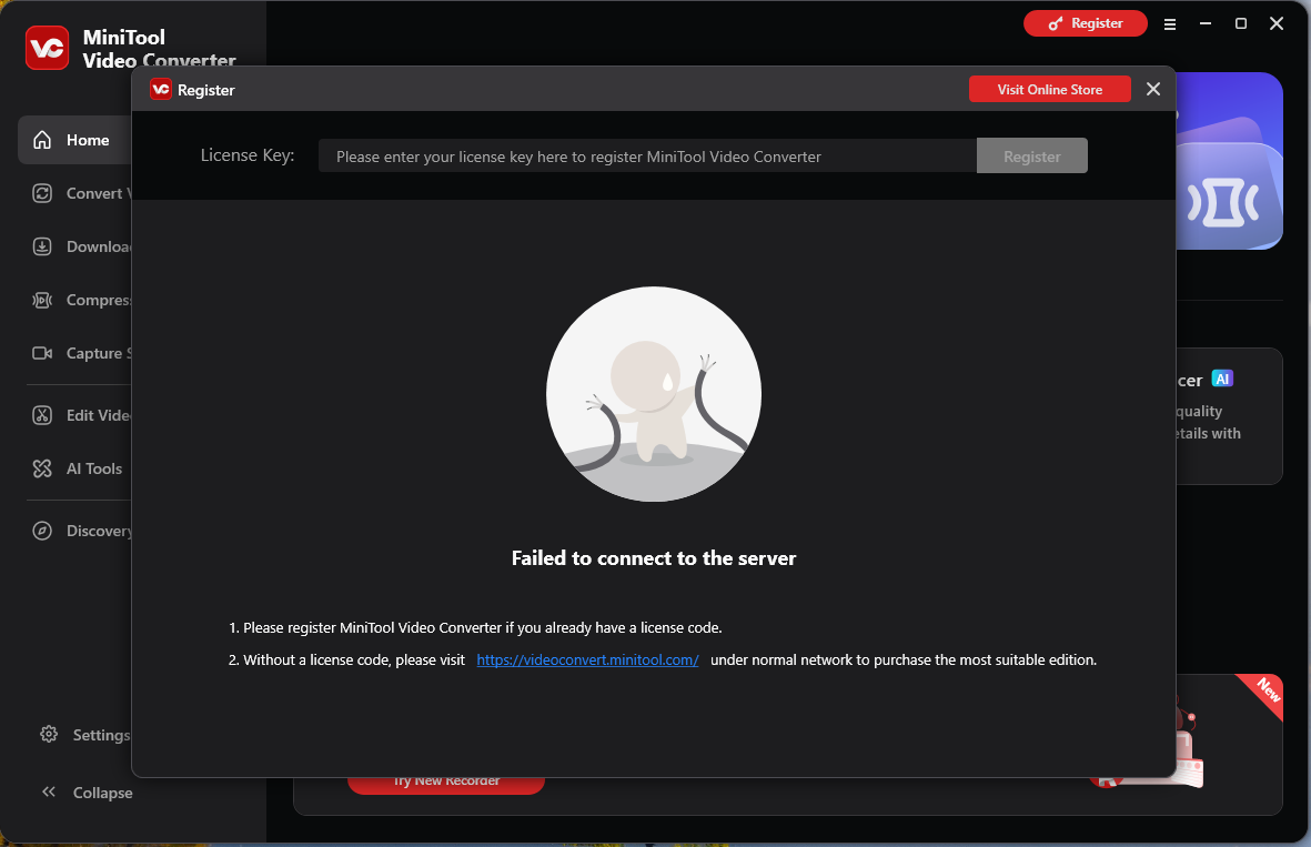 MiniTool Video Converter Register window showing failed to connect to the server without network