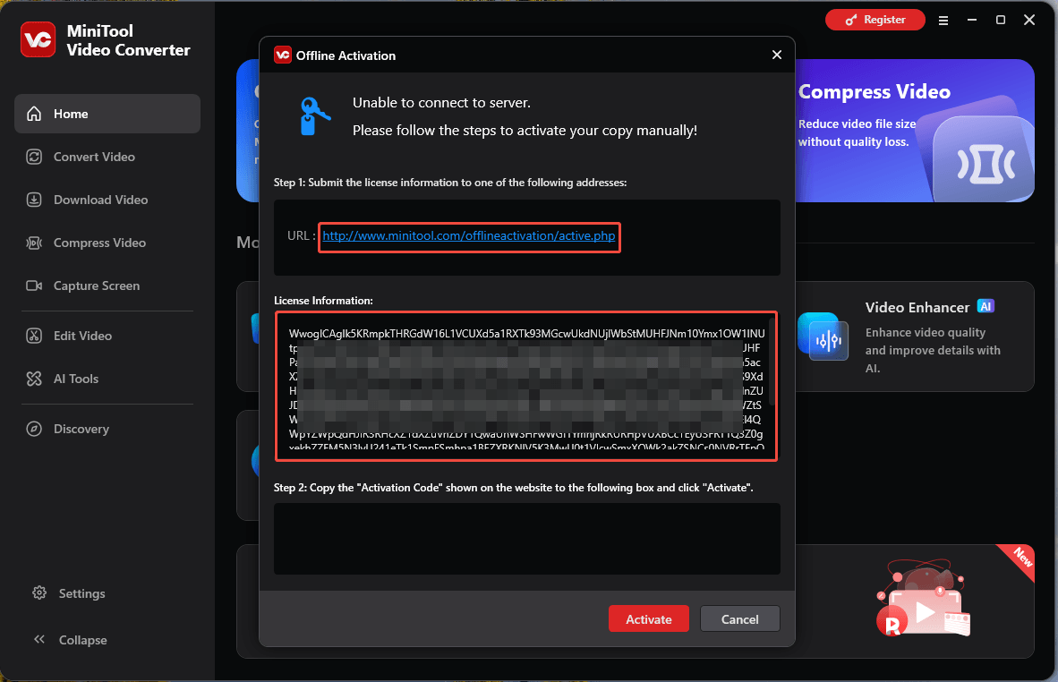 MiniTool Video Converter Offline Activation window with the URL and License Information box highlighted